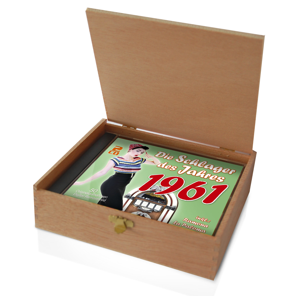 CD 1961 Schlager in Holzkiste mit Banderole und Siegel