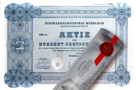 Aktie 1974 TONWAREN WIESLOCH in Geschenkrolle