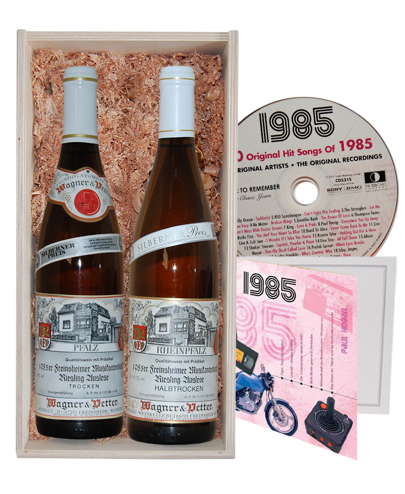 Wein 1985 Geschenkset 2 Flaschen Weißwein inkl CD 1985