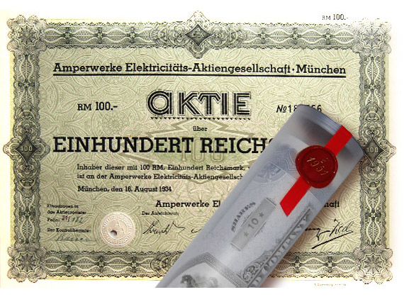 Historische Originalaktie 1934 100 RM Ampère