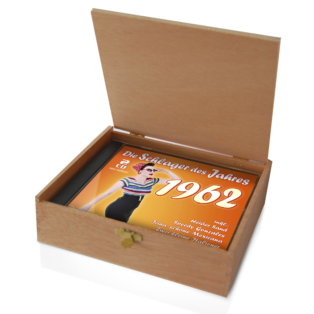CD 1962 Schlager in Holzkiste mit Banderole und Siegel