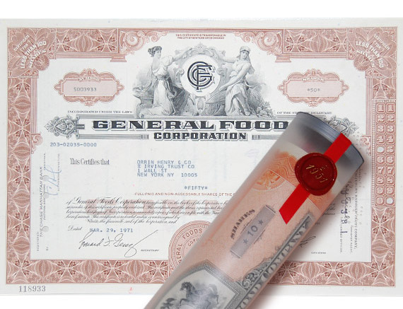 Aktie 1971 GENERAL FOODS in edler Geschenkrolle