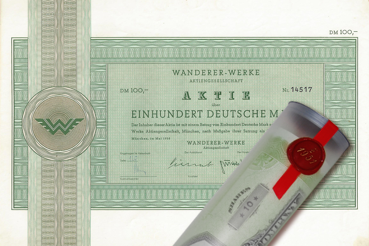 Aktie 1958 Wanderer Werke München in Geschenkrolle