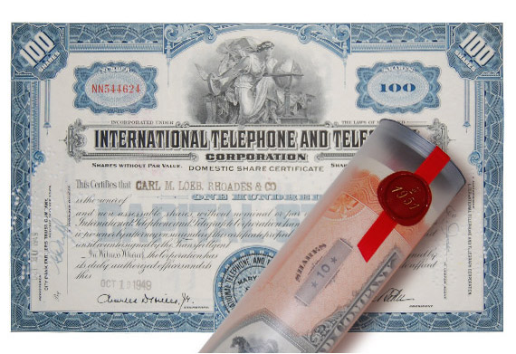 Aktie 1949 INTERNATIONAL TELEPHONE in Geschenkrolle