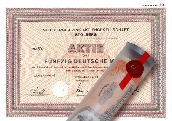 Aktie 1982 STOLBERGER ZINK in edler Geschenkrolle