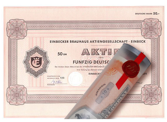 Aktie 1972 BRAUHAUS EINBECK in erlesener Geschenkrolle