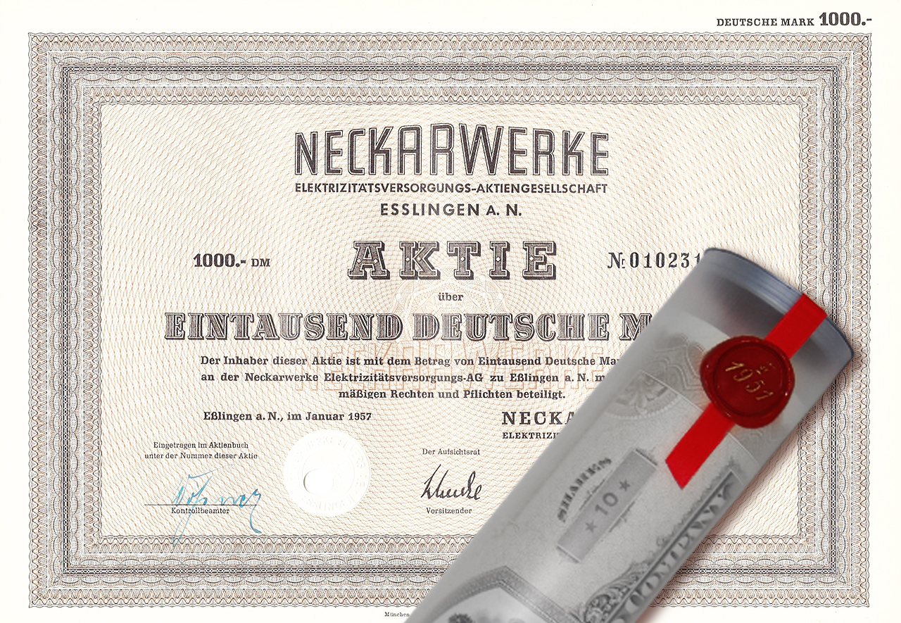 Aktie 1957 NECKARWERKE Esslingen in Geschenkrolle