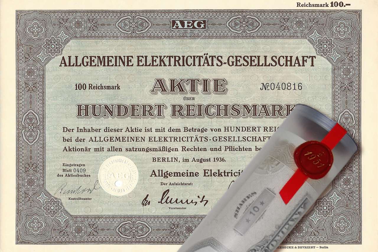 Aktie 1936 AEG in Geschenkrolle