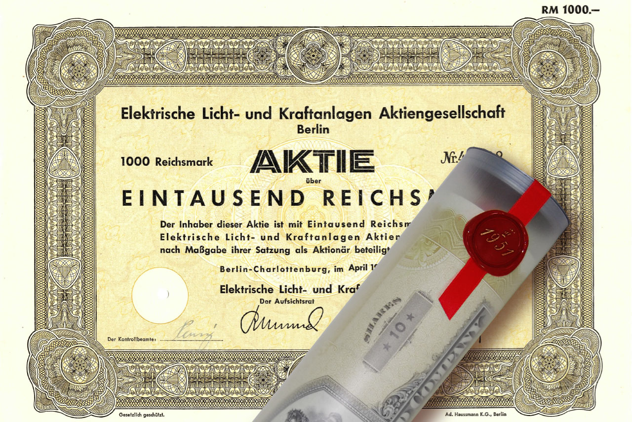 Aktie 1943 E-Licht und Kraft AG Berlin in Geschenkrolle