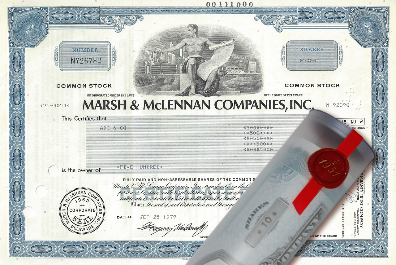 Aktie 1979 Marsh & McLennan in edler Geschenkrolle
