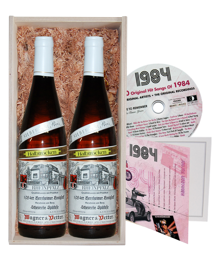 Wein 1984 Geschenkset 2 Flaschen Weißwein inkl CD 1984