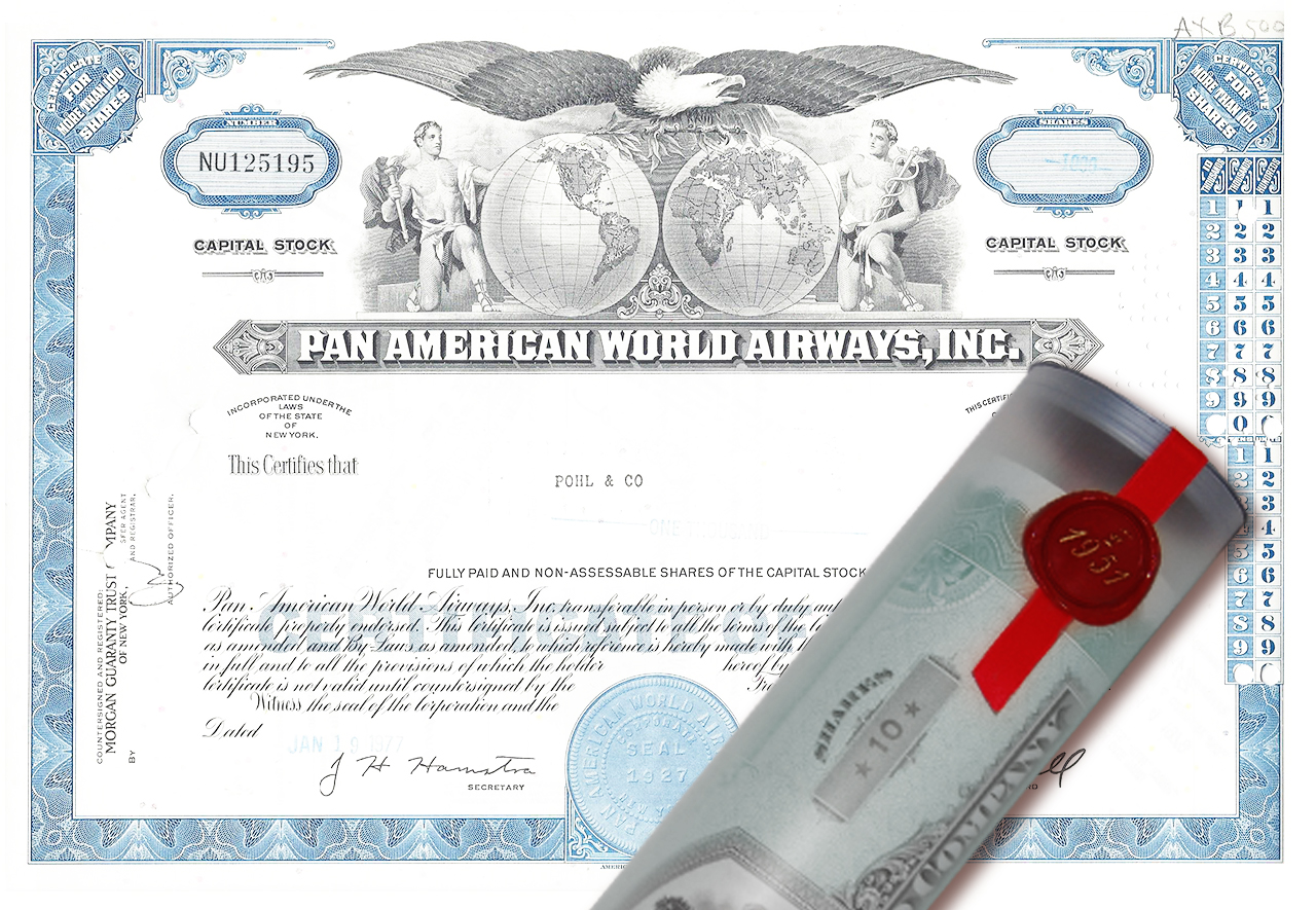 Aktie 1977 PAN AMERICA AIRWAYS in Geschenkrolle