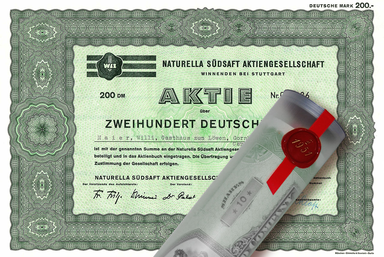 Aktie 1963 Naturella Südsaft in edler Geschenkrolle
