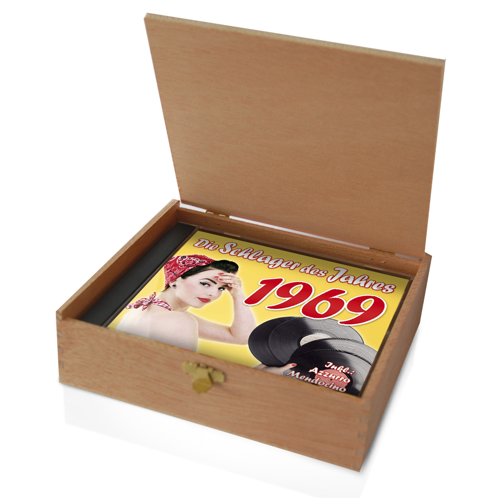 CD 1969 Schlager in Holzkiste mit Banderole und Siegel