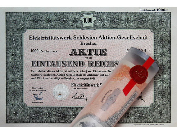 Aktie 1938 E-WERK SCHLESIEN BRESLAU in Geschenkrolle