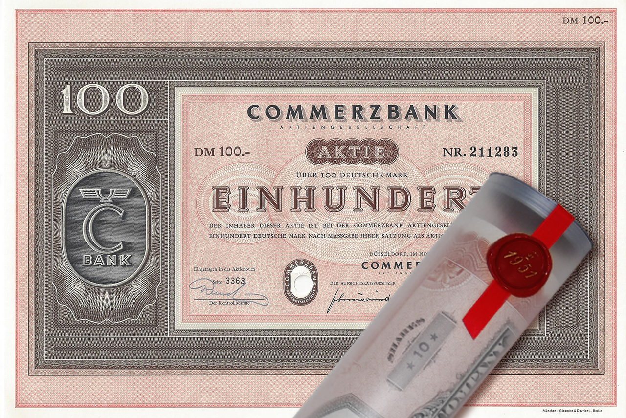 Aktie 1958 COMMERZBANK in edler Geschenkrolle