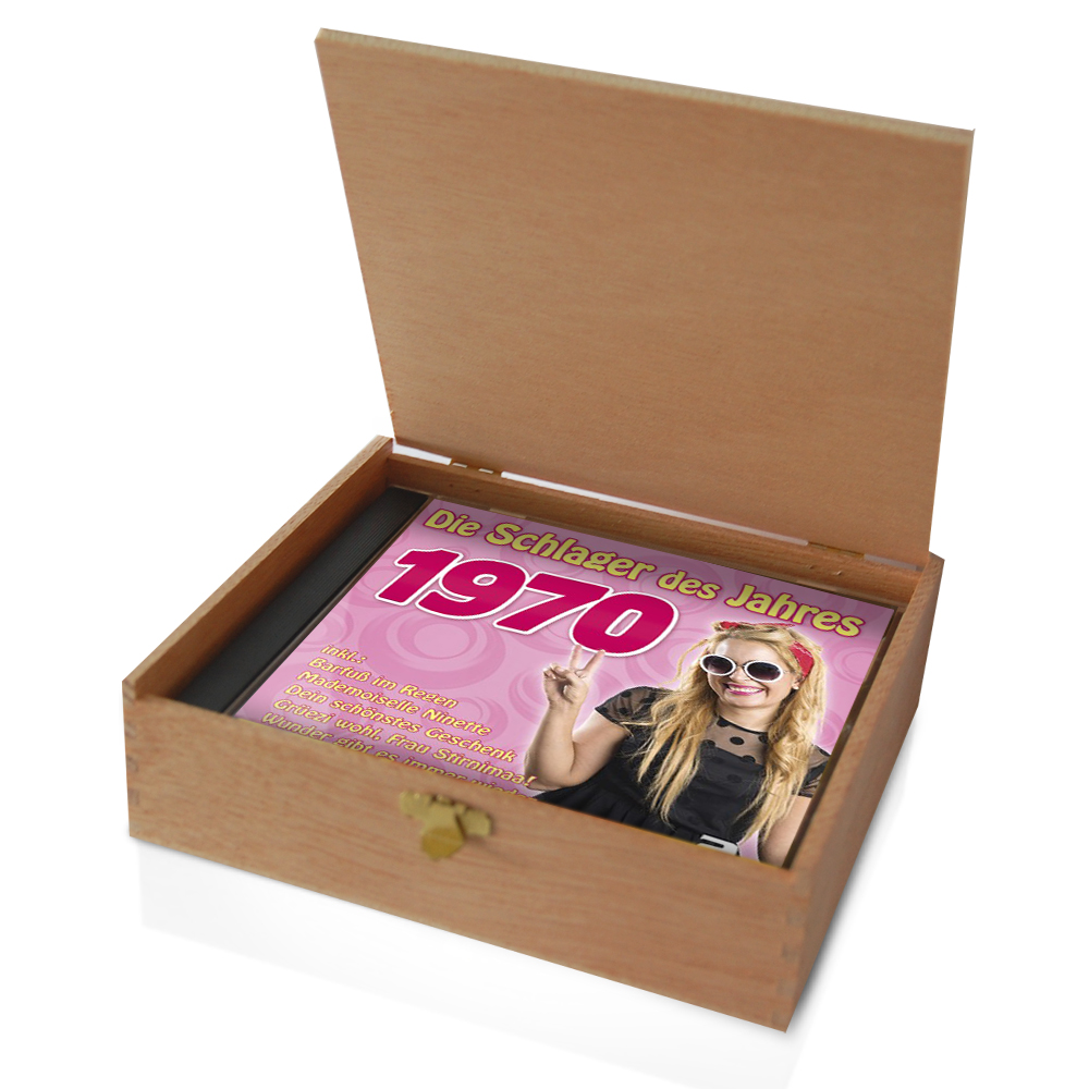 CD 1970 Schlager in Holzkiste mit Banderole und Siegel